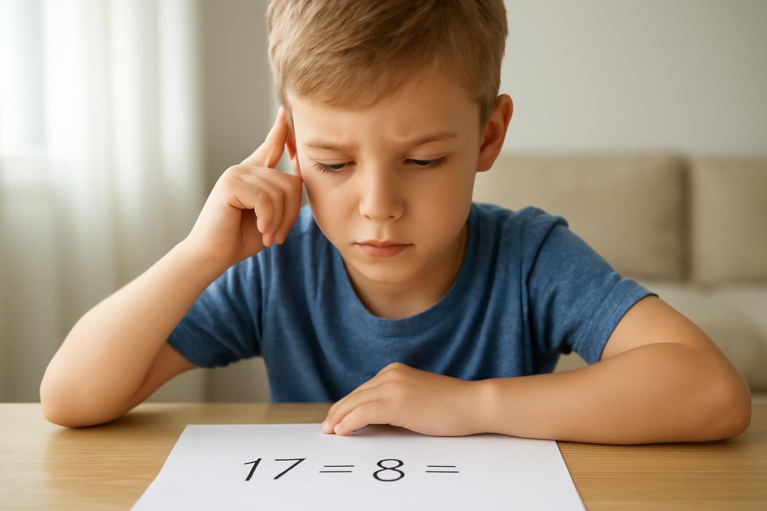 Egy kisfiú koncentrálva nézi a kivonási feladatot, amely 17-8= kérdést tartalmaz.
