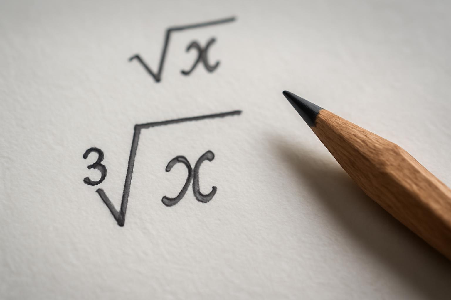 Két matematikai gyök kifejezés, négyzetgyök és köbgyök, egy ceruza mellett.