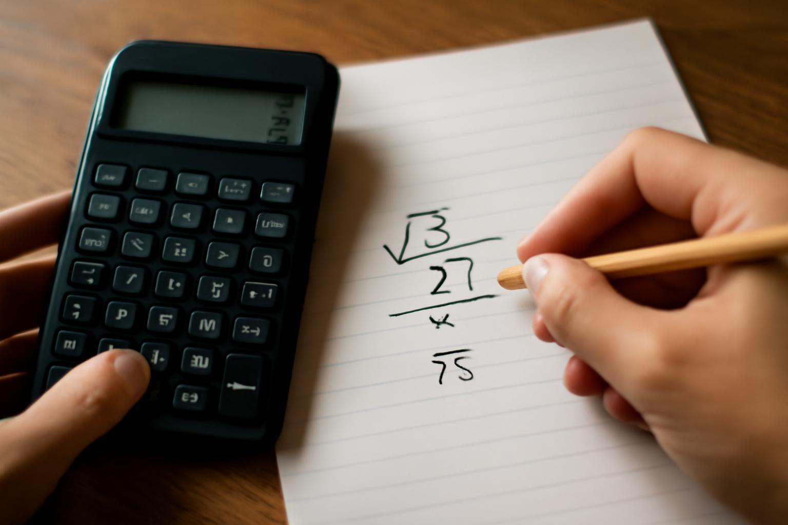 Kézi számítás a köbgyök kiszámításához, számológép és jegyzetlap használatával.
