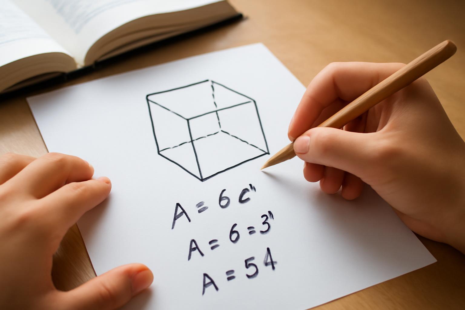 Kocka rajza és a felszín számítási képletei papíron, tanulás közben.