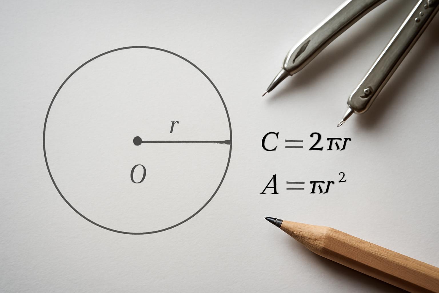 A kör kerületének és területének képletei, rajzolt körrel és jelölésekkel.