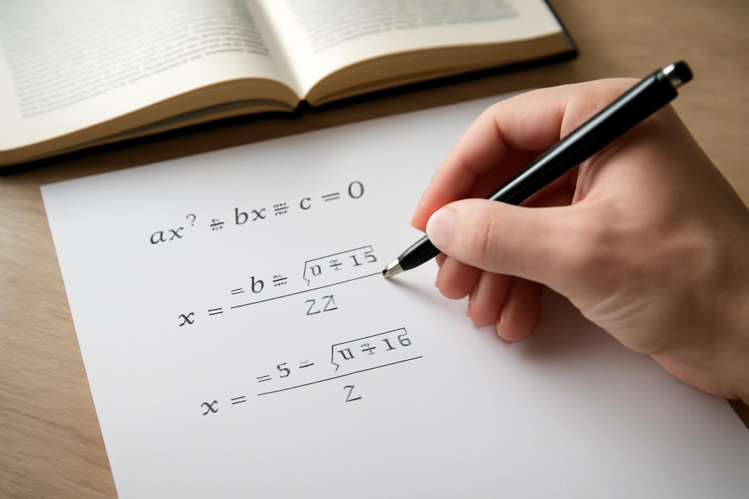 Egy kéz másodfokú egyenlet megoldóképletét írja le papíron, háttérben egy nyitott könyv.