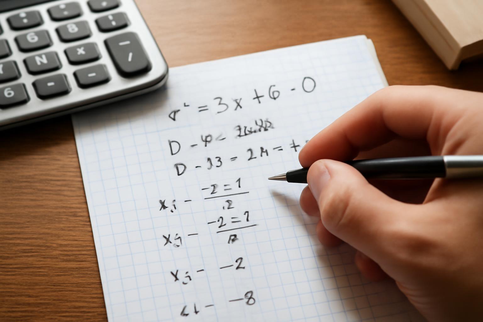 Egy kézírásos másodfokú egyenlet megoldása, számológép mellett.