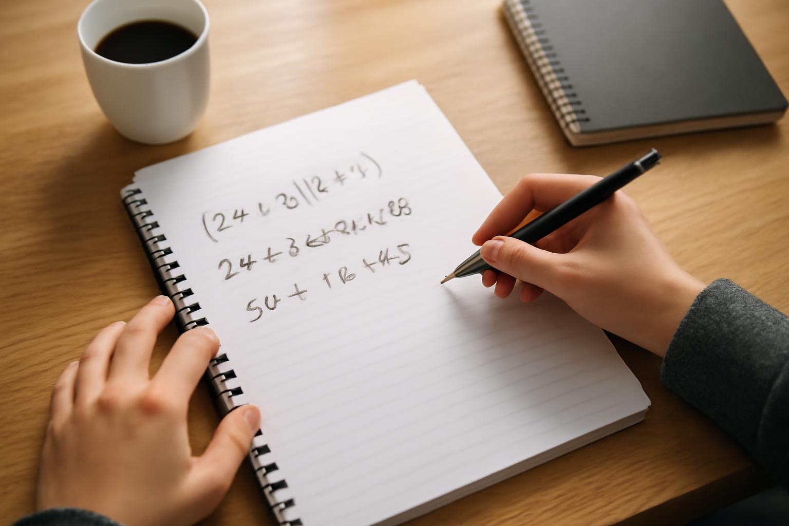 Egy kéz jegyzetfüzetben matematikai képleteket ír, mellette egy csésze kávé.