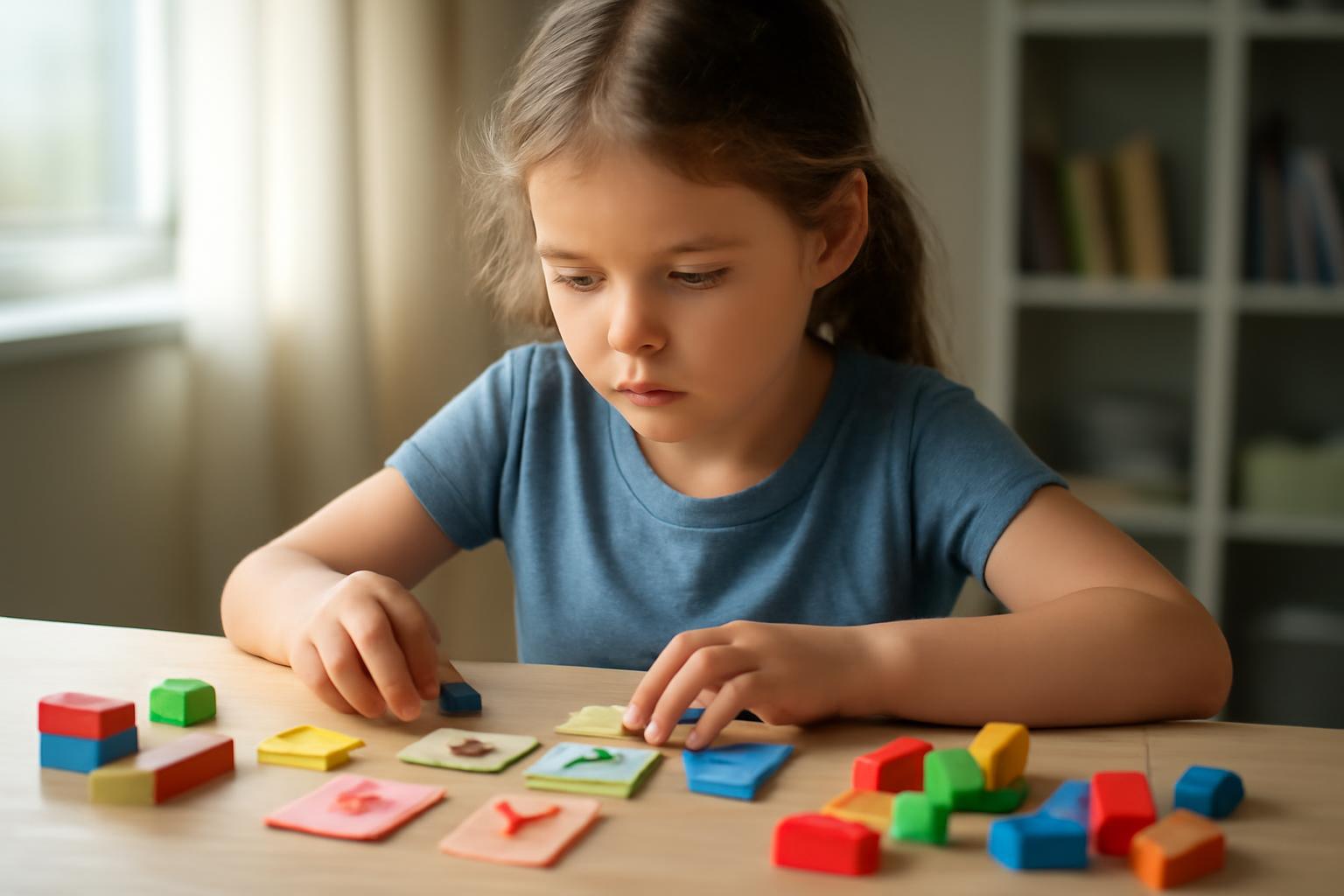Egy kisgyerek játék közben, matematikai alapfogalmakat tanulva színes blokkokkal és kártyákkal.