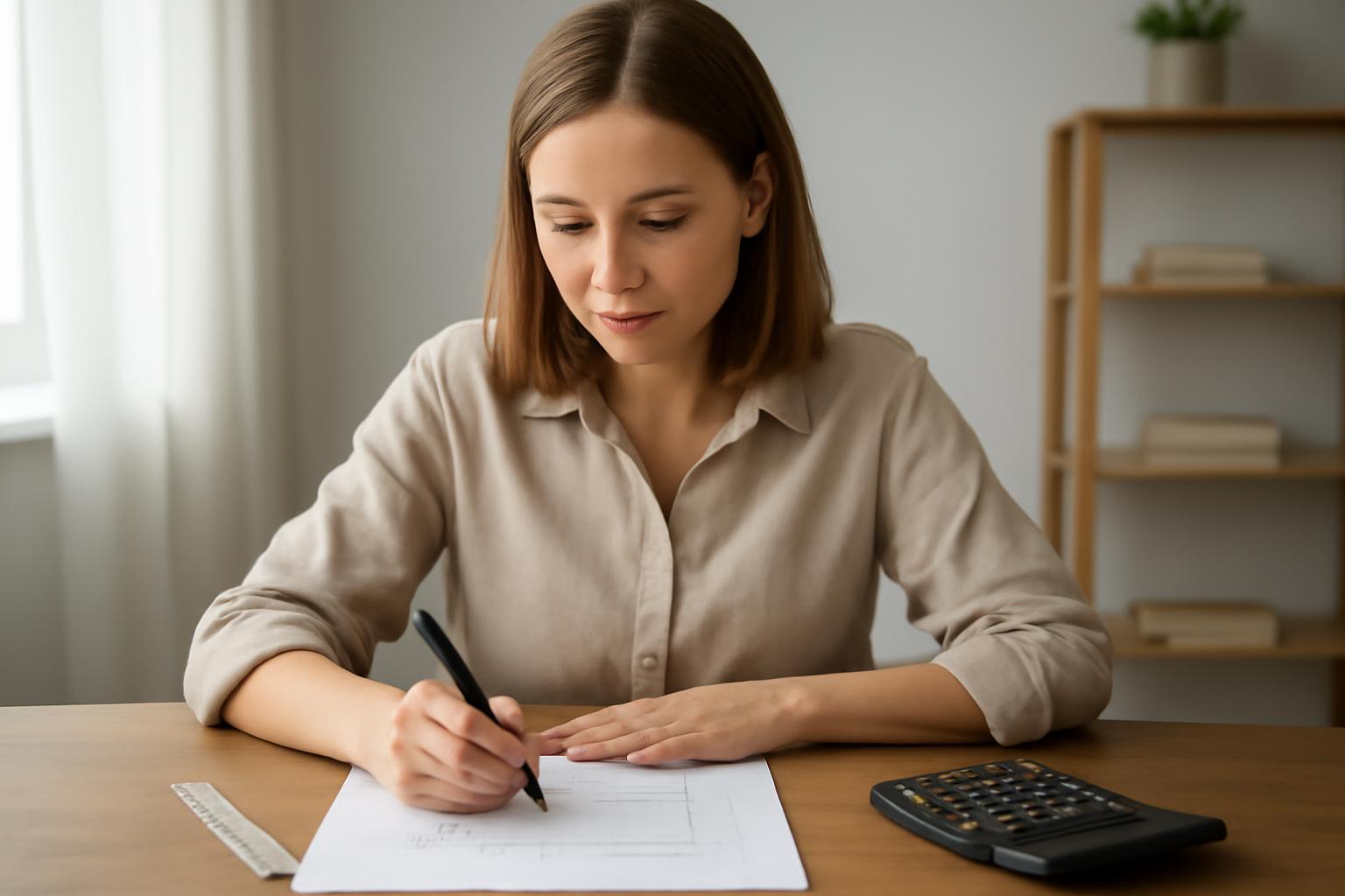 Egy fiatal nő matematikai képleteket ír le egy papíron, miközben számológépet használ.