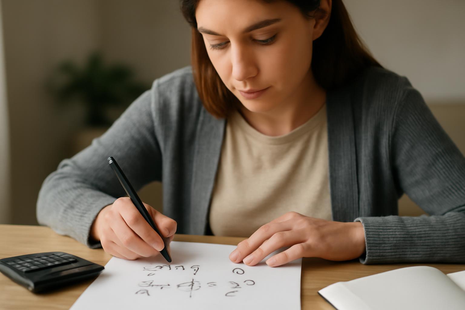 Egy fiatal nő matematikai képleteket ír egy papírra, miközben számológépet használ.