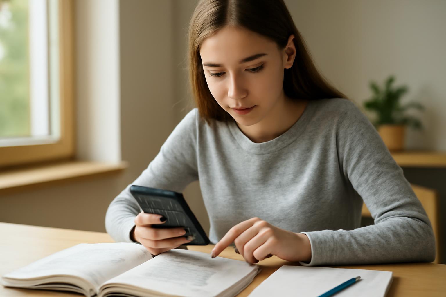 Egy fiatal lány tanul, miközben a telefonján néz utána a matematikai képleteknek.