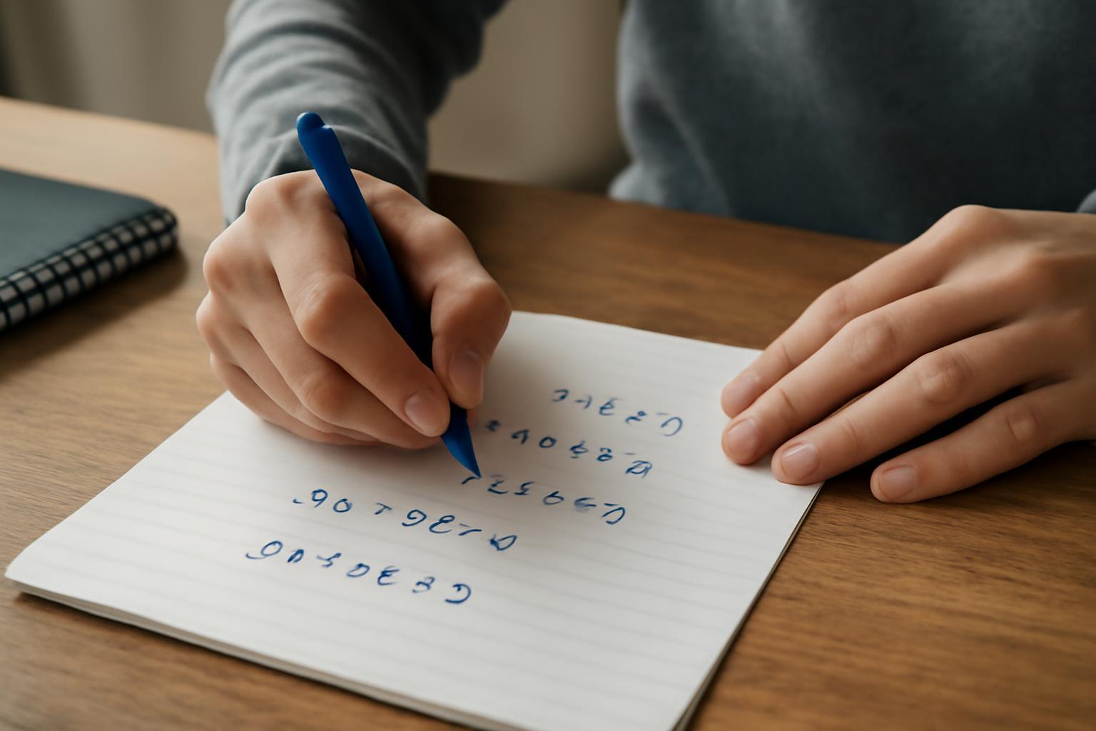 Egy kéz kék tollal matematikai kifejezéseket ír egy jegyzetfüzetbe.