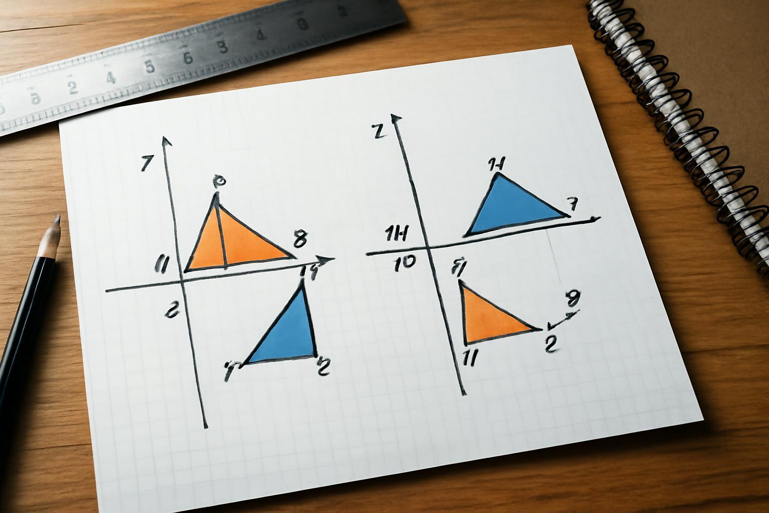 Geometriai ábrák, amelyek tükrözést és eltolást mutatnak be a koordinátarendszerben.