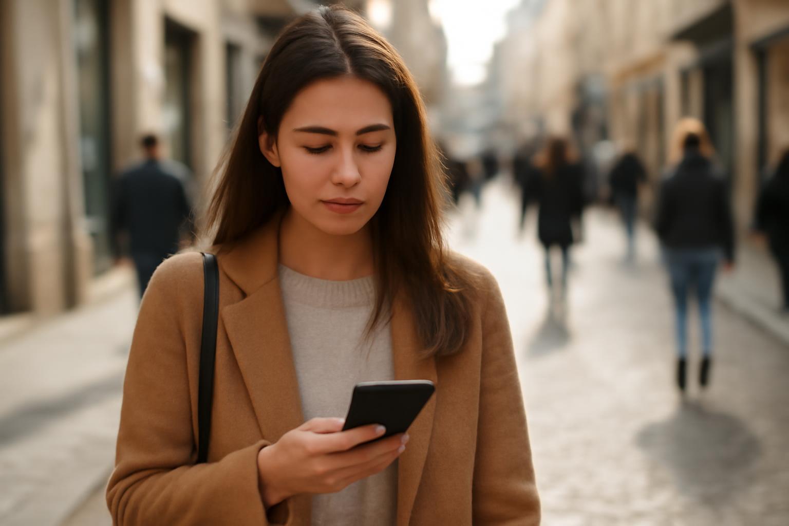Egy fiatal nő a városban sétálva a telefonját nézi, háttérben emberek.