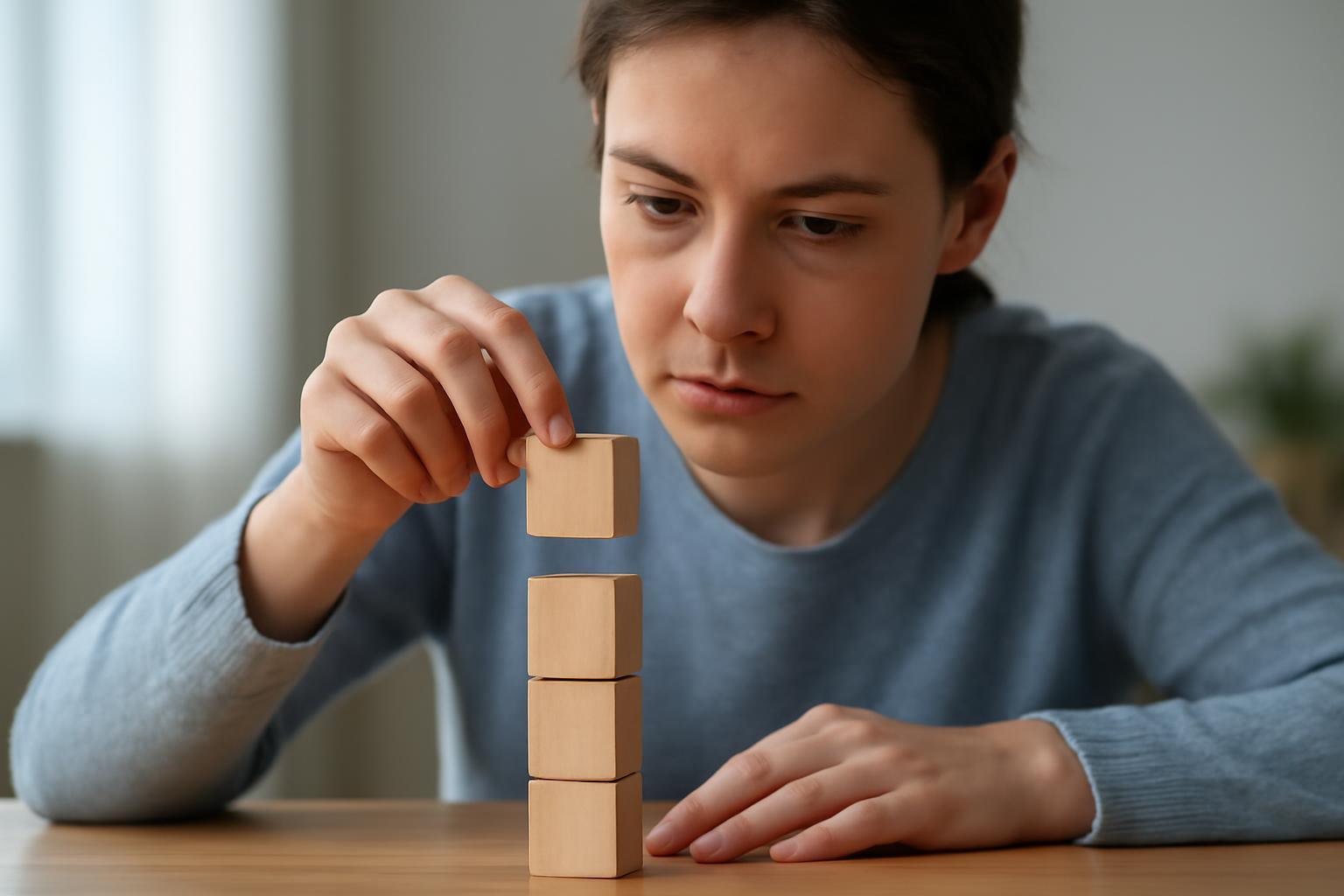 Egy fiatal fiú fa blokkokat rak össze, a műveleti sorrend gyakorlásának szellemében.