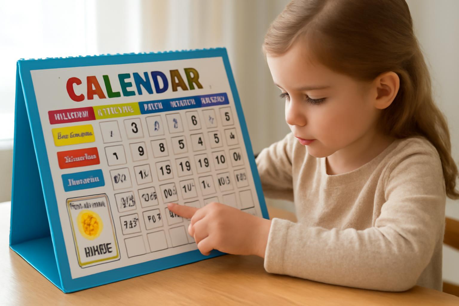 Egy kisgyerek a naptárra mutat, miközben az időpontokat tanulmányozza.