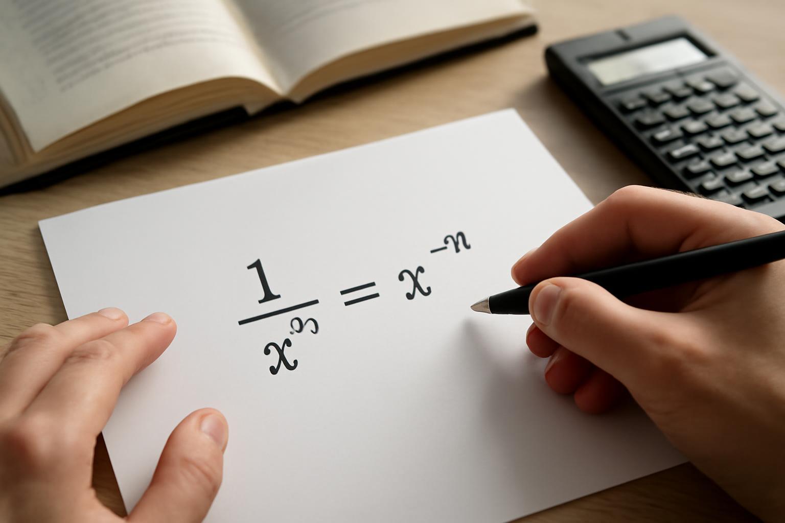 Egy kéz írja a 1/x^n = x^-n képletet egy papírlapra, háttérben könyv és számológép.