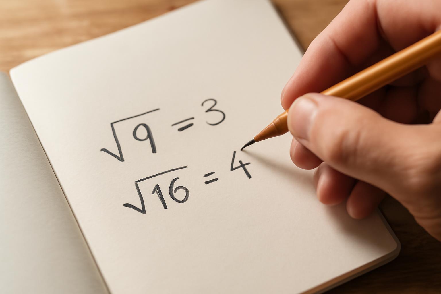 Egy kéz egy jegyzetfüzetben négyzetgyök számításokat ír, például √9=3 és √16=4.