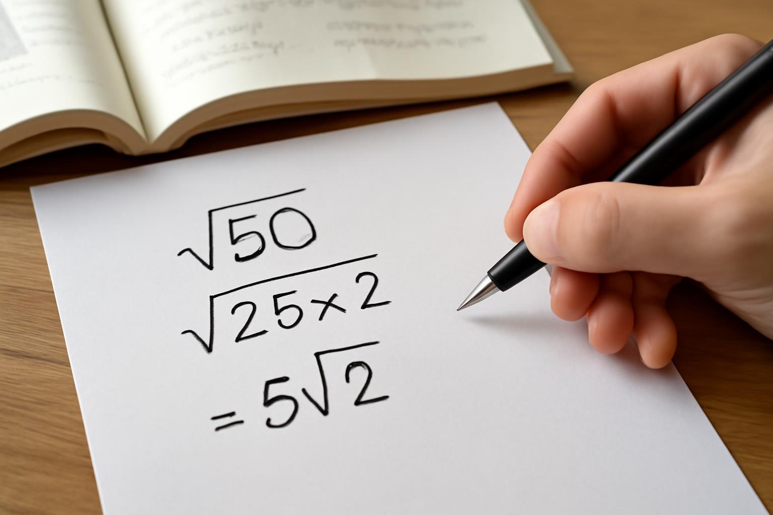Egy kéz egy papíron négyzetgyök számításokat végez, háttérben egy nyitott könyv.