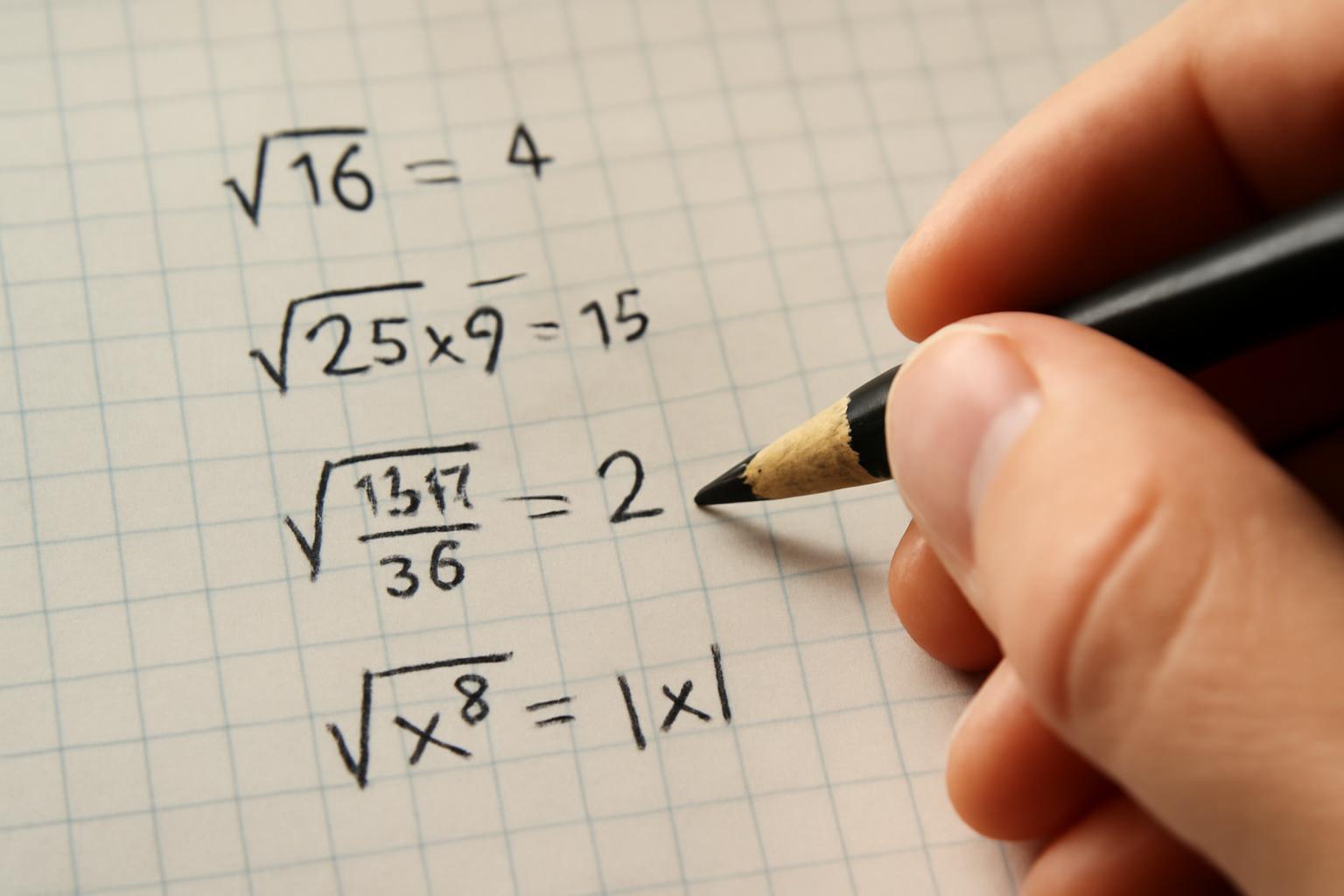 Egy kézírásos matematikai feladat, négyzetgyök számításokkal egy négyzetrácsos lapon.