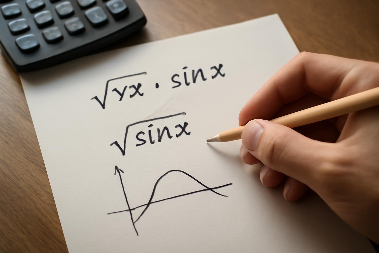 Egy kézírásos négyzetgyökfüggvény és grafikon ábrázolása papíron.