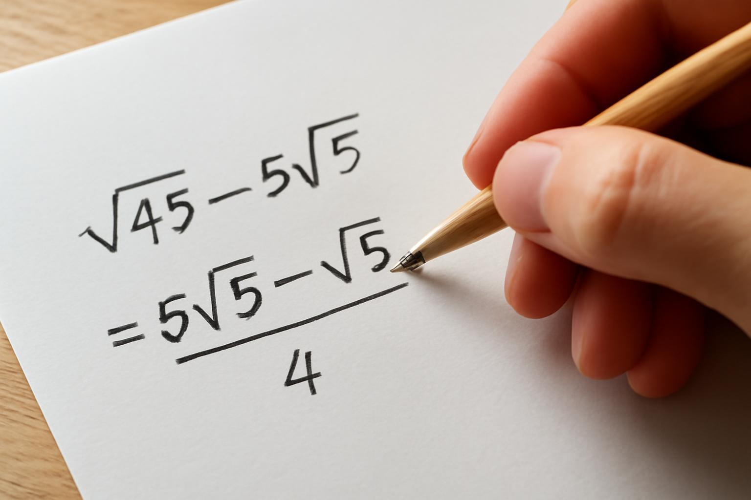 Egy kézírásos matematikai kifejezés négyzetgyökkel, egyszerűsítési lépésekkel.