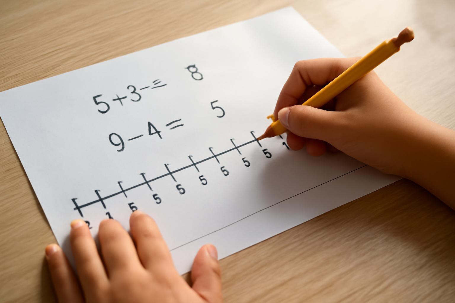 Egy gyermek kezében sárga ceruzával számok összeadását és kivonását gyakorolja egy papíron.