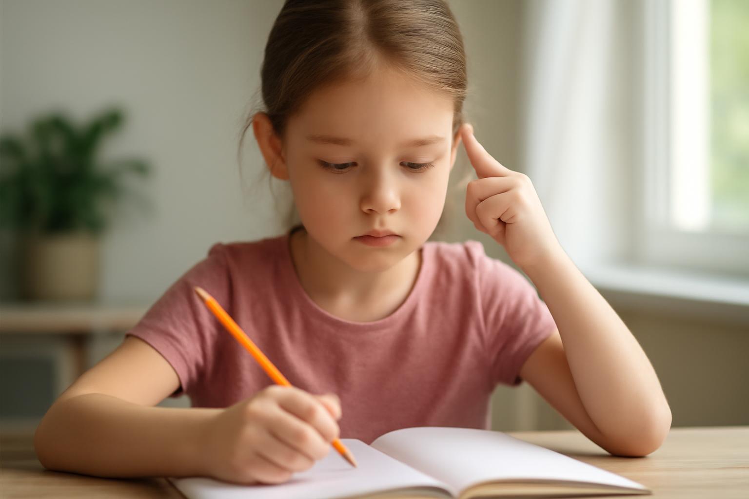 Egy kisgyerek gondolkodik, miközben egy füzetbe ír egy narancssárga ceruzával.