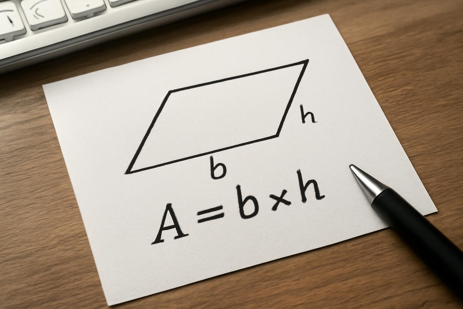 Papíron ábrázolt paralelogramma, alap és magasság jelölésekkel, terület képlettel.