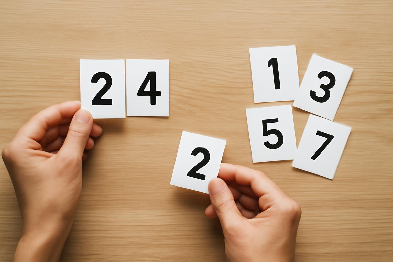 Két kézben tartott kártyák, páros és páratlan számok szétválogatása.