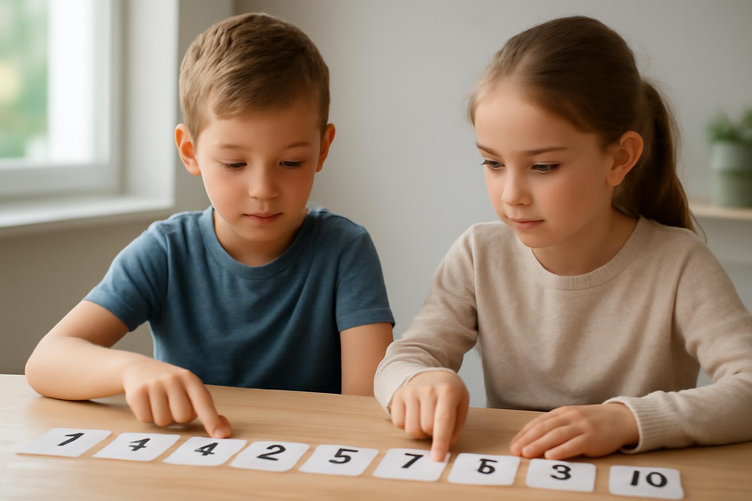 Két gyermek számkártyákat néz, páros és páratlan számokat tanulmányozva.