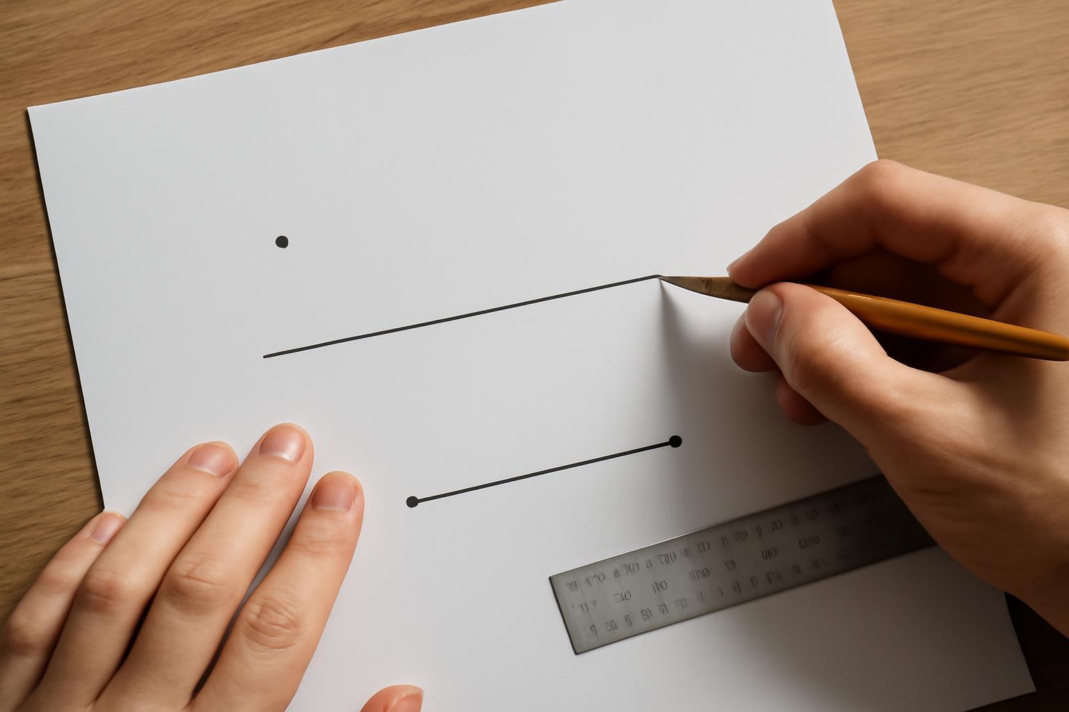 Egy kéz vonalat és pontokat rajzol egy papírlapra vonalzó segítségével.