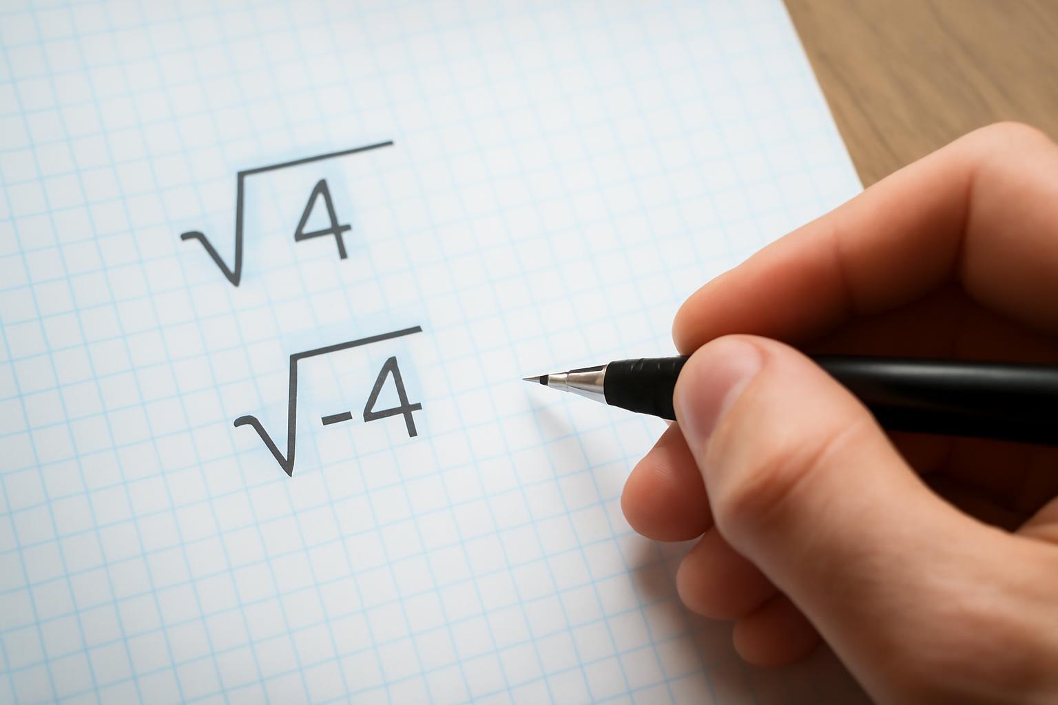 Egy kéz egy tollal írja a négyzetgyök jeleit pozitív és negatív számokkal.