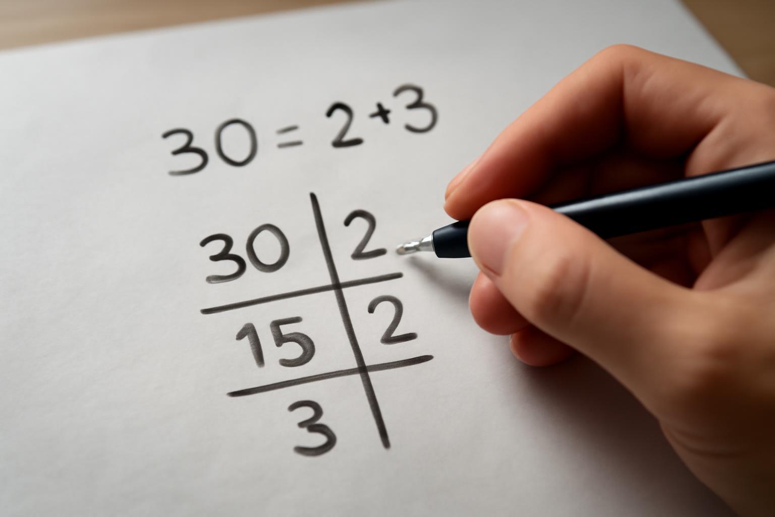 Egy kéz egy papíron lévő matematikai képletet ír, amely a 30 prímfaktorait mutatja.