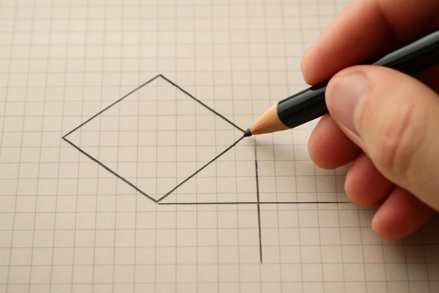 Egy kéz egy ceruzával rombusz alakot rajzol egy négyzetrácsos papíron.