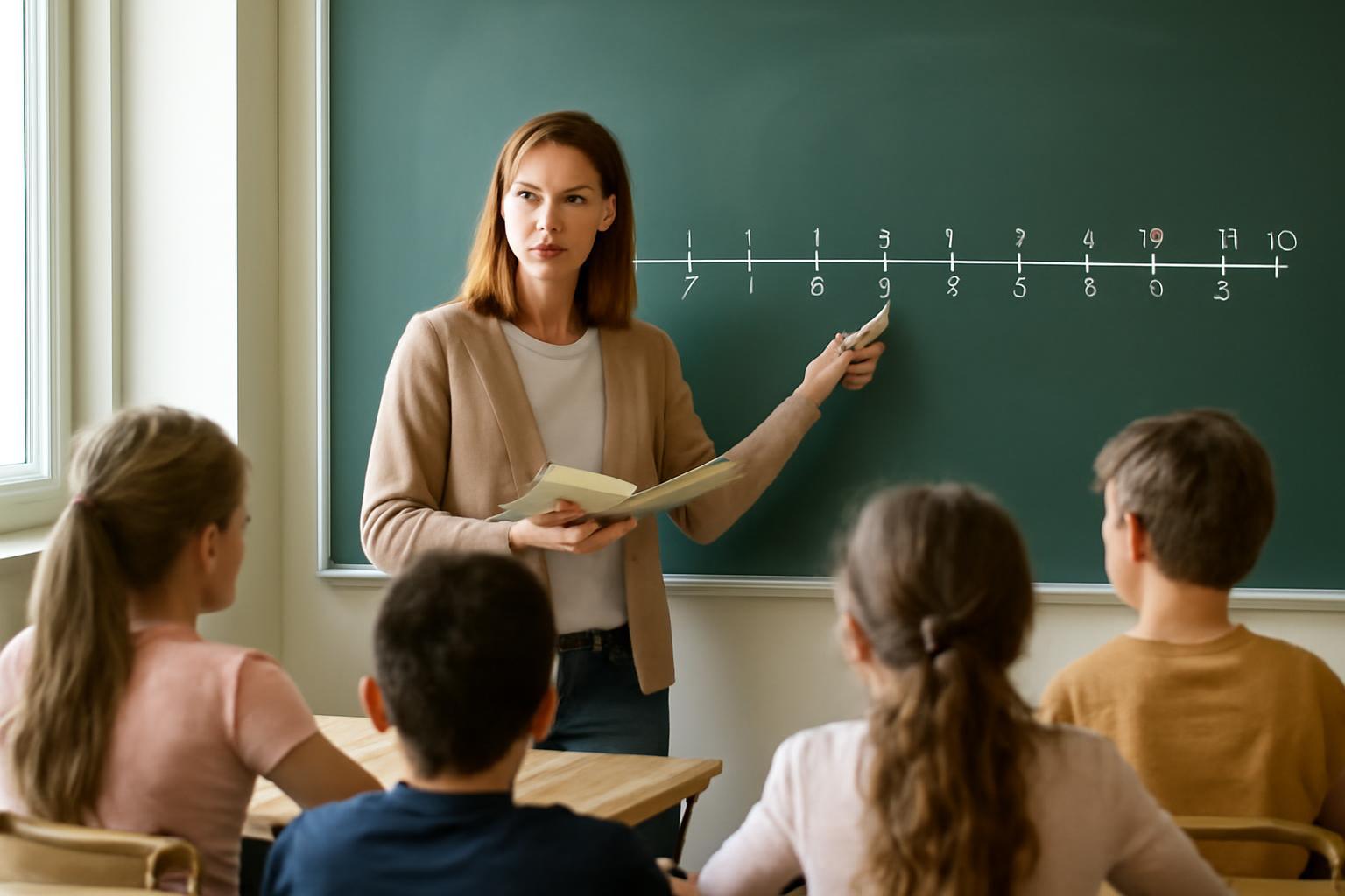 Egy tanár a számegyenesen mutatja a számokat a diákoknak.