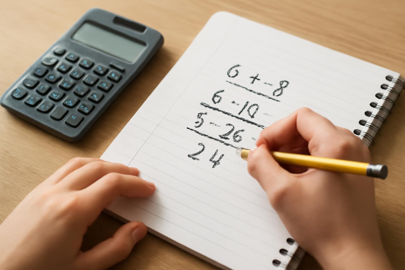 Egy kéz számításokat végez egy jegyzetfüzetben, mellette egy számológép.