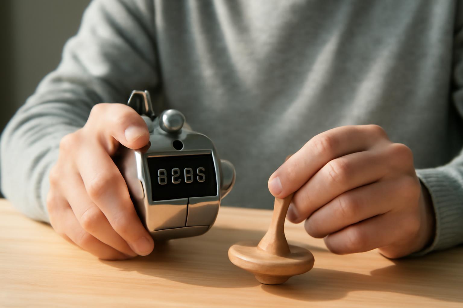 Egy kéz egy számlálót tart, míg a másik egy pörgettyűt fog.