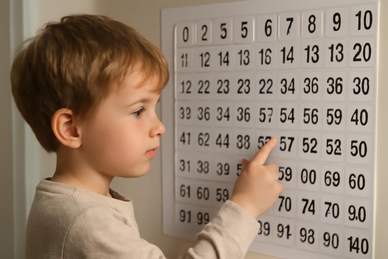 Egy kisfiú a falon lévő számokat nézi és mutatja, 0-100-ig.