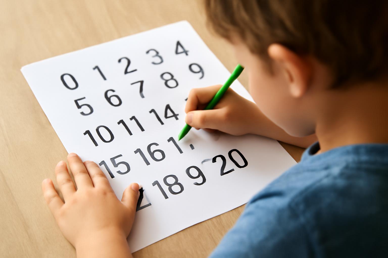 Egy kisgyerek számokat ír le egy papírlapra, amelyen 0-20-ig terjedő számok láthatók.