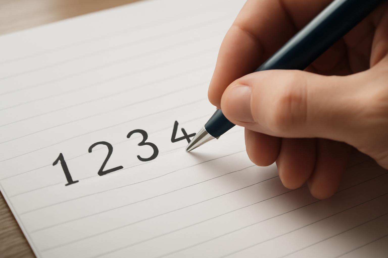 Egy kéz számjegyeket ír egy üres lapra, a számok 1, 2, 3, 4 láthatók.