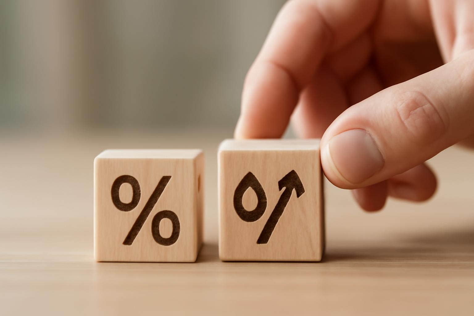 Két fa kocka, az egyik százalékjelet, a másik növekedést jelző nyilat ábrázol.