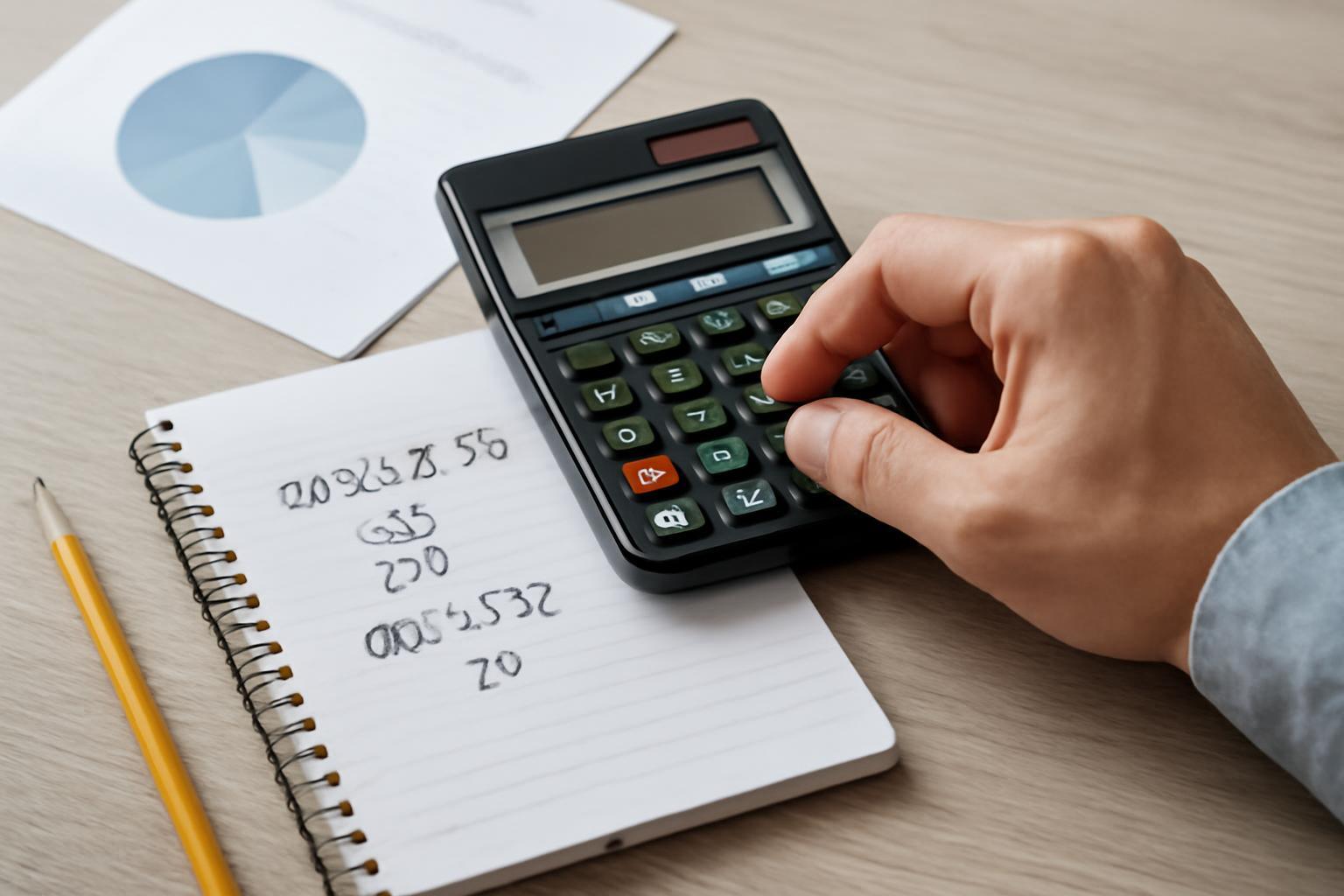 Egy kéz számológépet használ, mellette jegyzetfüzet és grafikon látható.