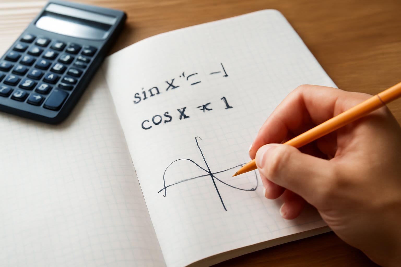 Egy kézírásos jegyzet, amelyen szinusz és koszinusz egyenlőtlenségek láthatók, mellettük egy grafikon.