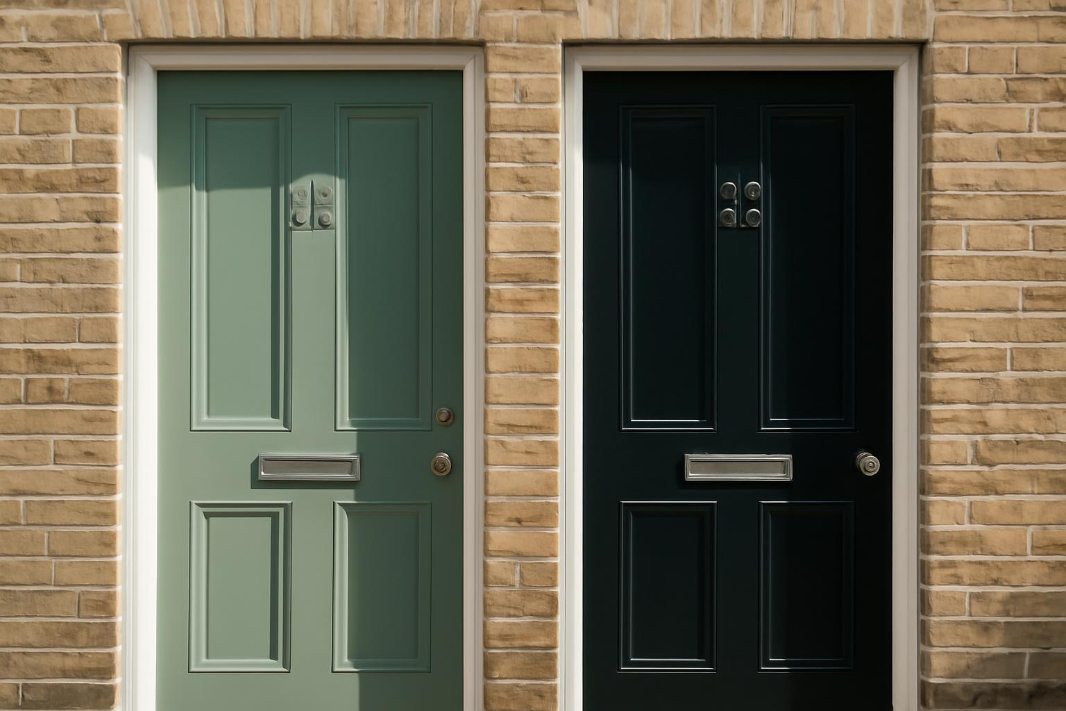 Két szomszédos ajtó, az egyik zöld, a másik fekete, téglafalon.