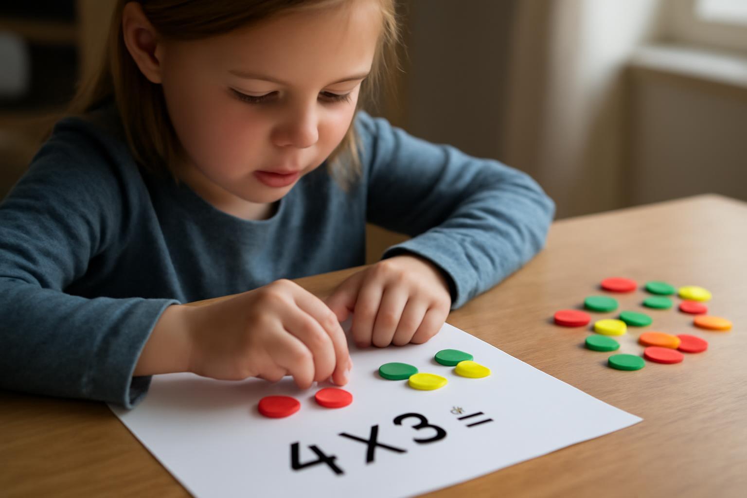 Egy kisgyerek színes korongokkal csoportosítja a szorzás feladatát, 4x3.