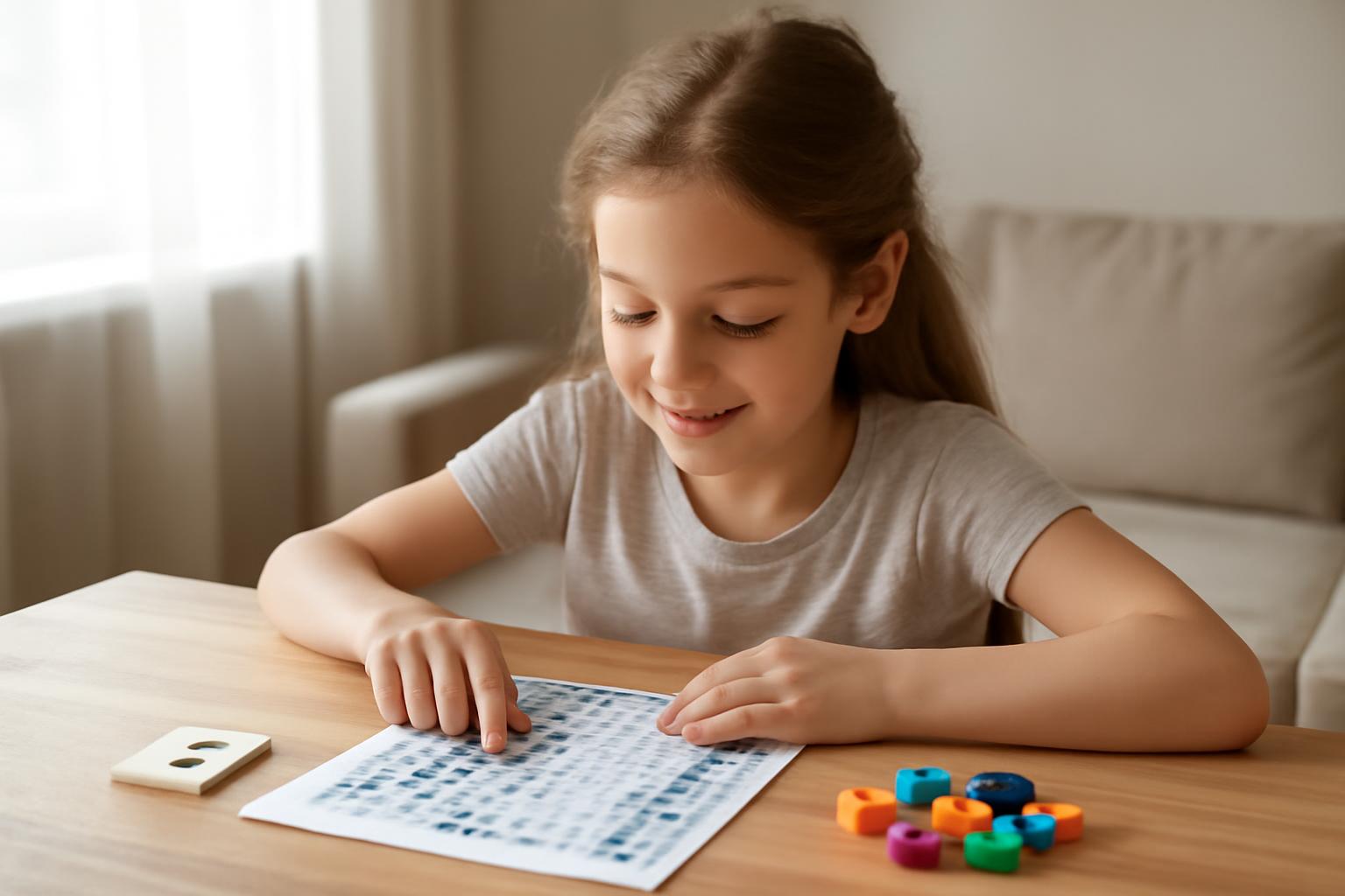 Egy lány szorzótáblát tanulmányoz, játékos formában, színes számokkal.