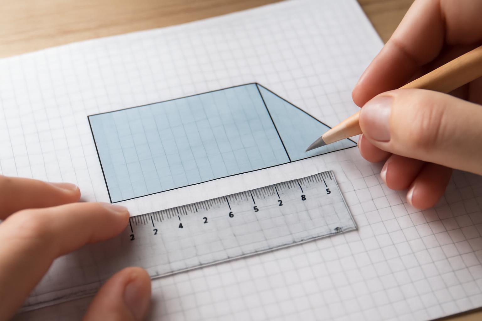 Egy kéz vonalzót tart, miközben egy téglalapot rajzol egy négyzetrácsos papírra.