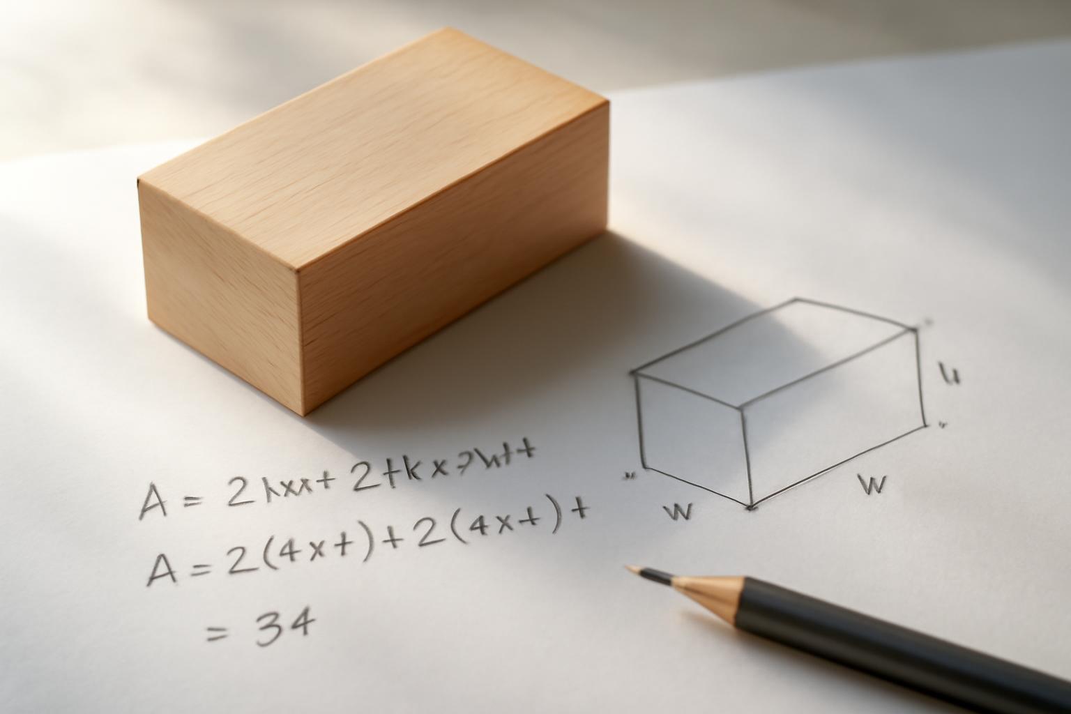 Egy téglatest és a felszínének kiszámításához szükséges képletek papíron.