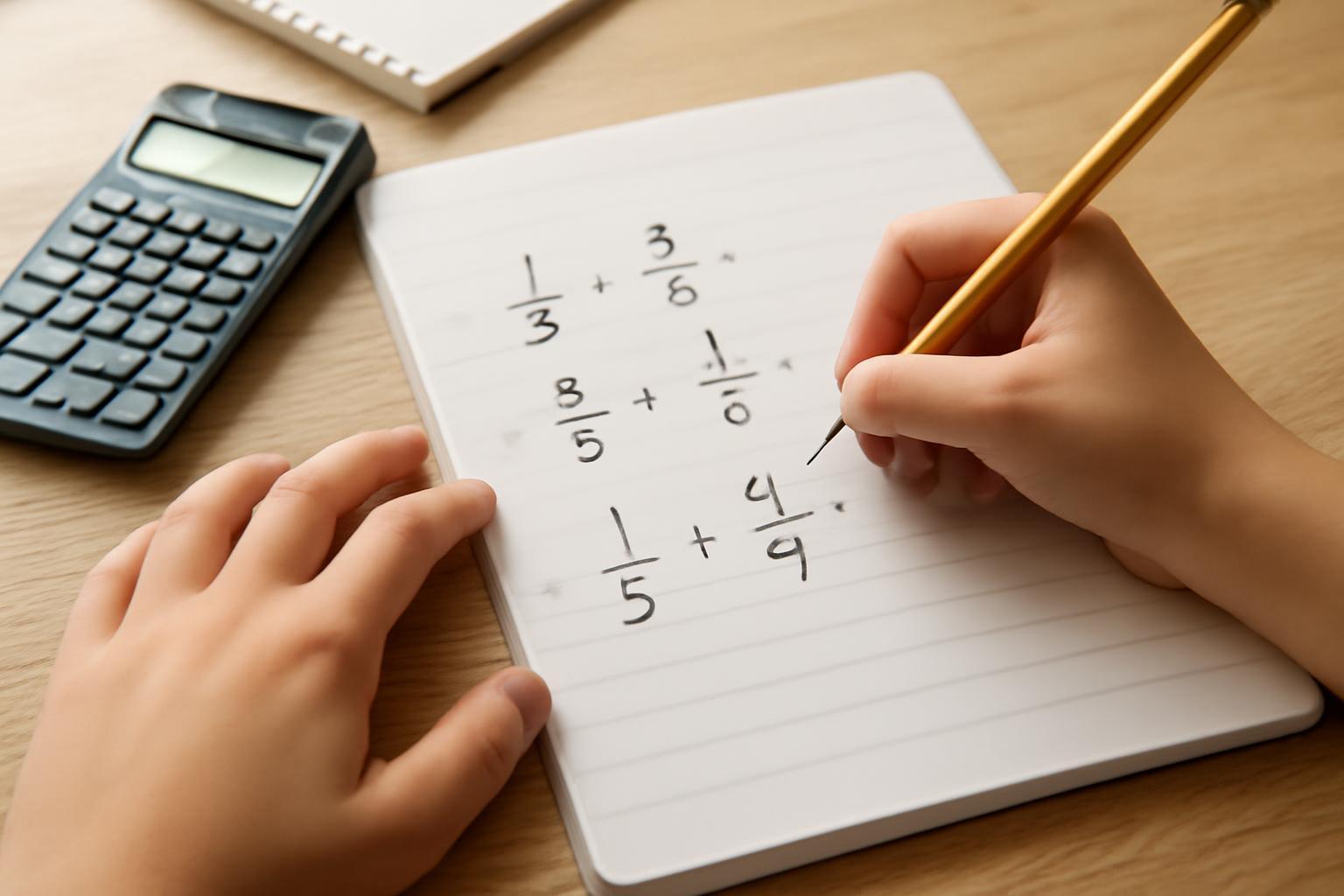 Egy kéz tizedes törtek szorzását írja egy jegyzetfüzetbe, mellette egy számológép.