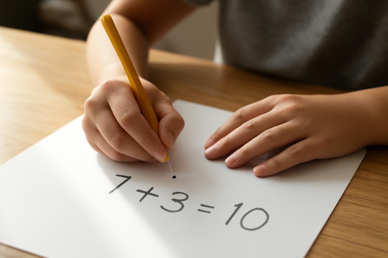Egy gyermek keze egy papírlapon írja a 7 + 3 = 10 matematikai műveletet.