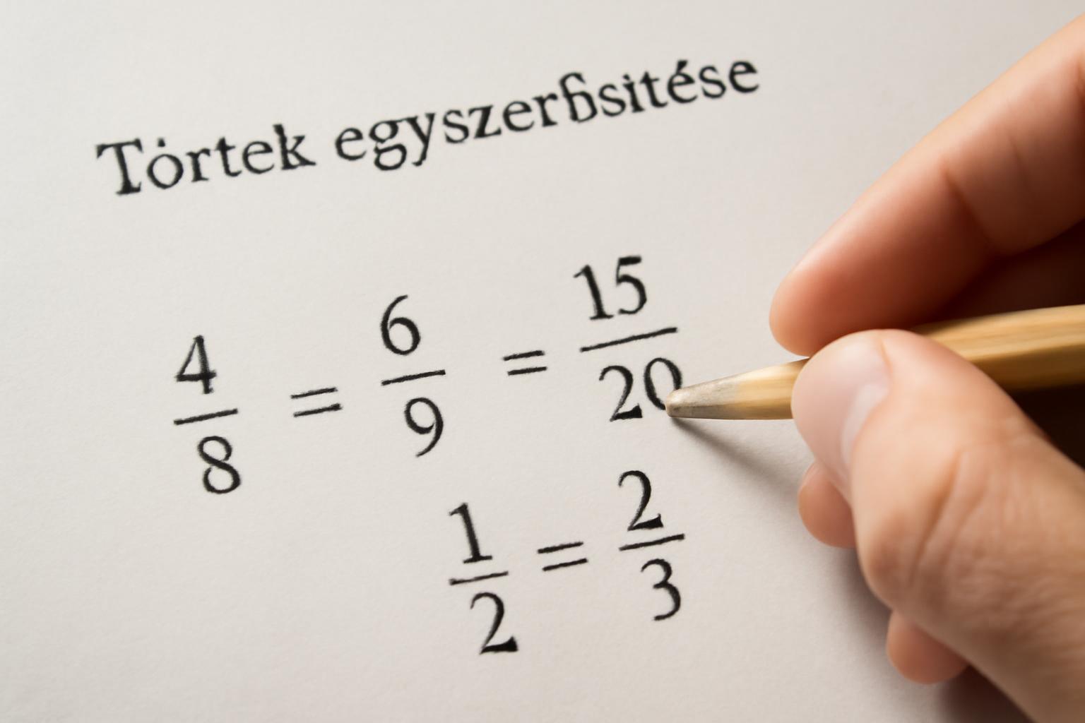 Egy kéz ceruzával törteket egyszerűsít, példák láthatók a papíron.