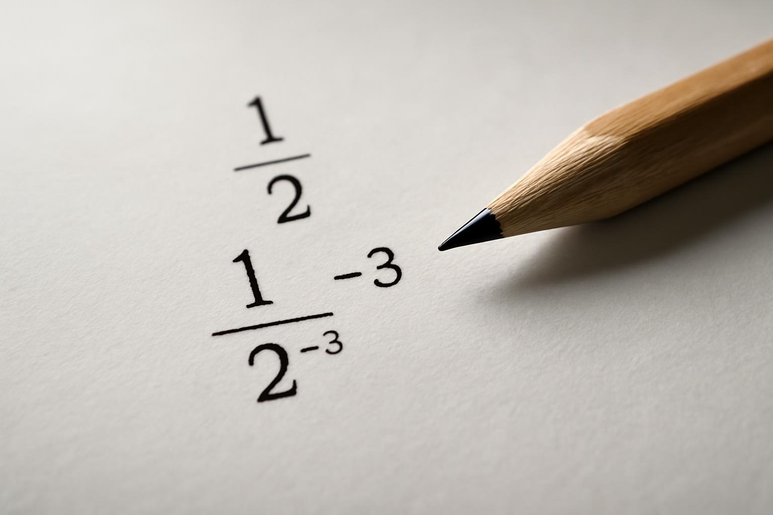 Törtek és negatív hatványok matematikai kifejezései papíron, ceruzával.